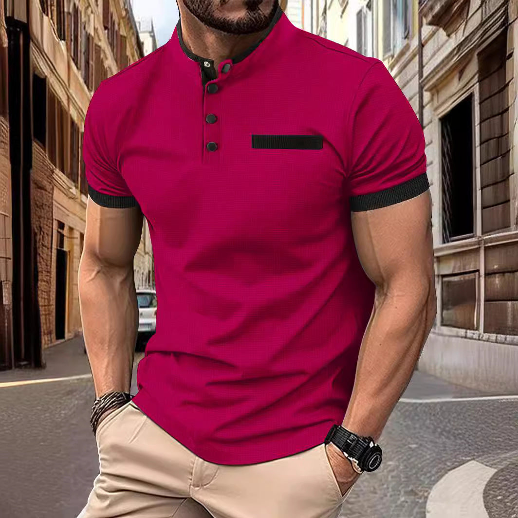 POLO Men's Checkered Stand Collar Polo Shirt
