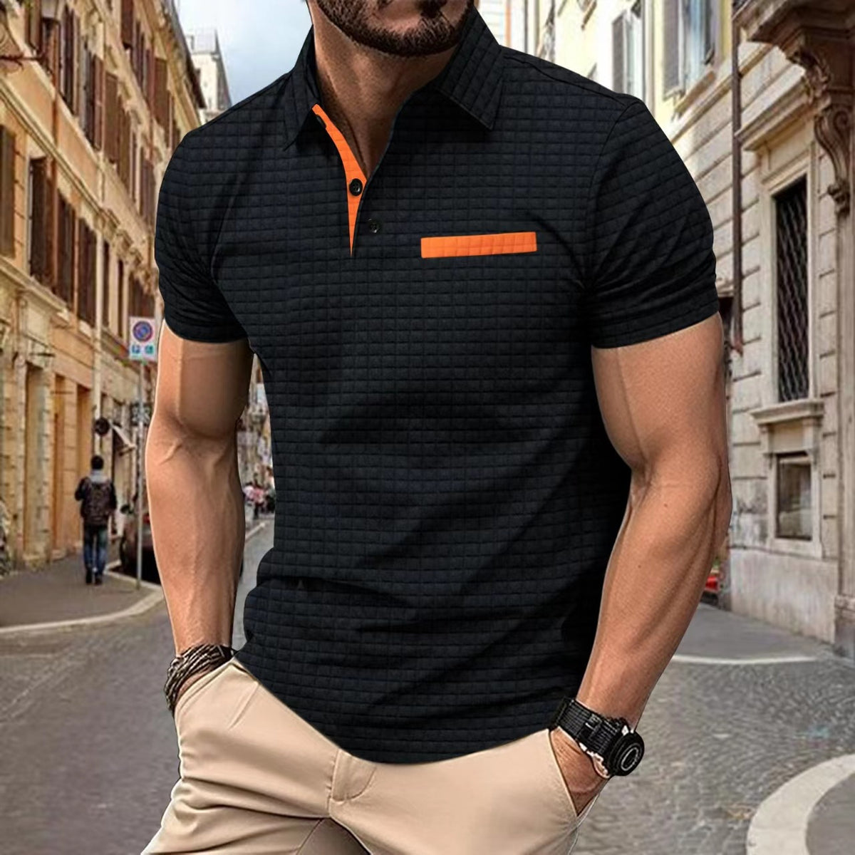 POLO shirt button jacquard checkered men's sports polo shirt