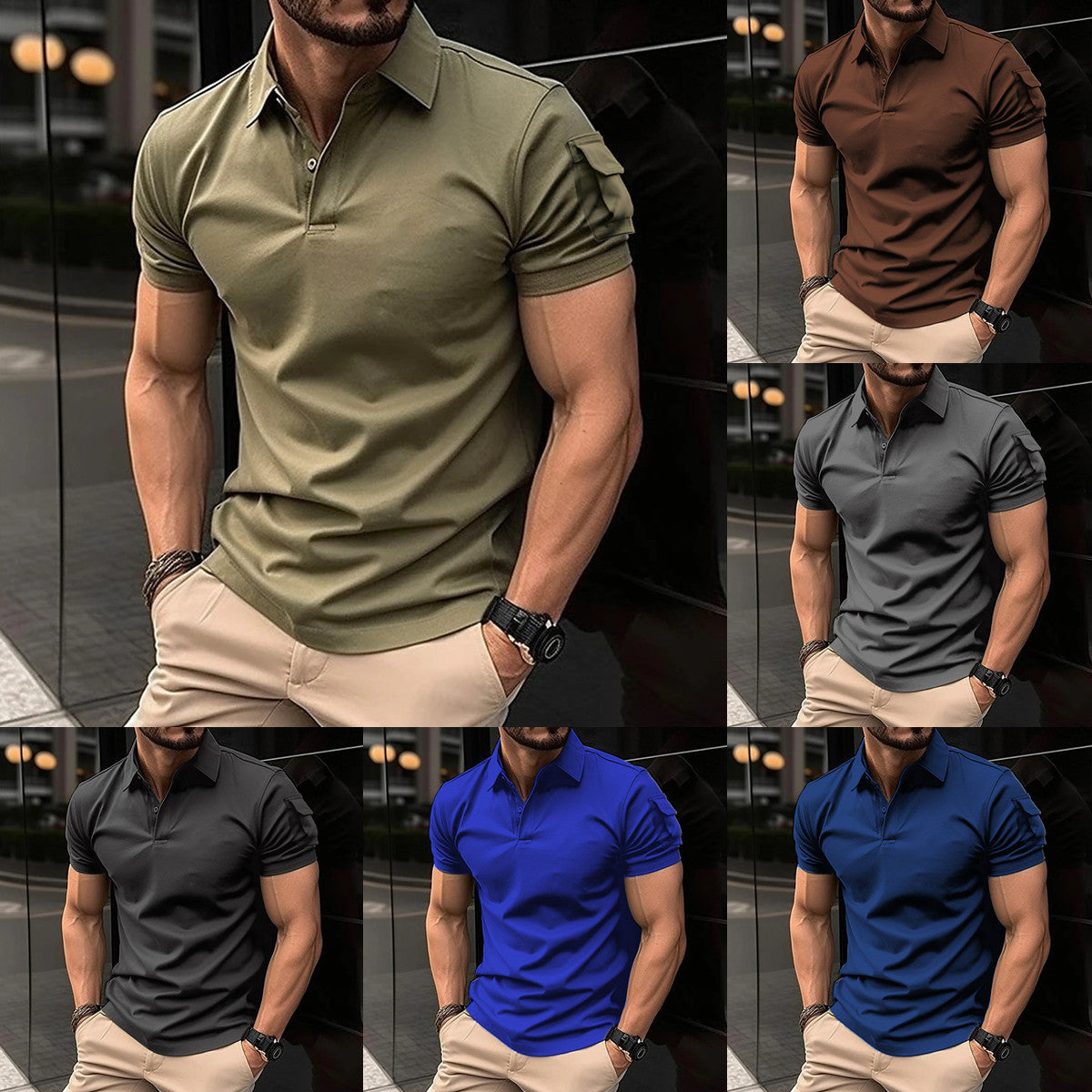 Polo shirt with collar buttons arm pockets sports polo shirt