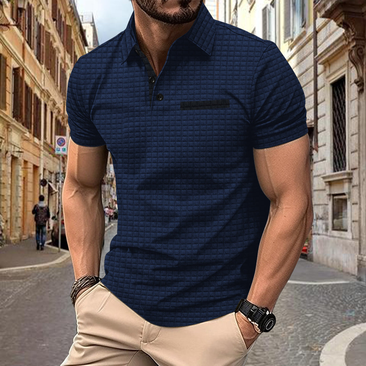 POLO shirt button jacquard checkered men's sports polo shirt