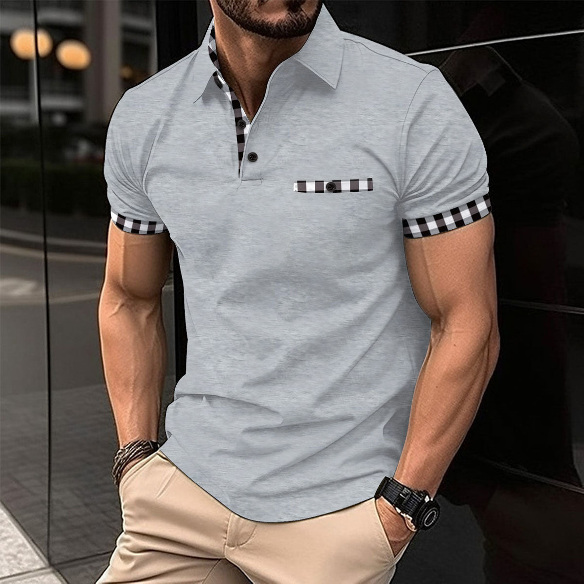 Checkered polo shirt pocket men's sports polo shirt