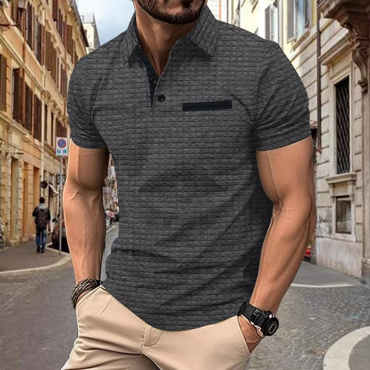 POLO shirt button jacquard checkered men's sports polo shirt