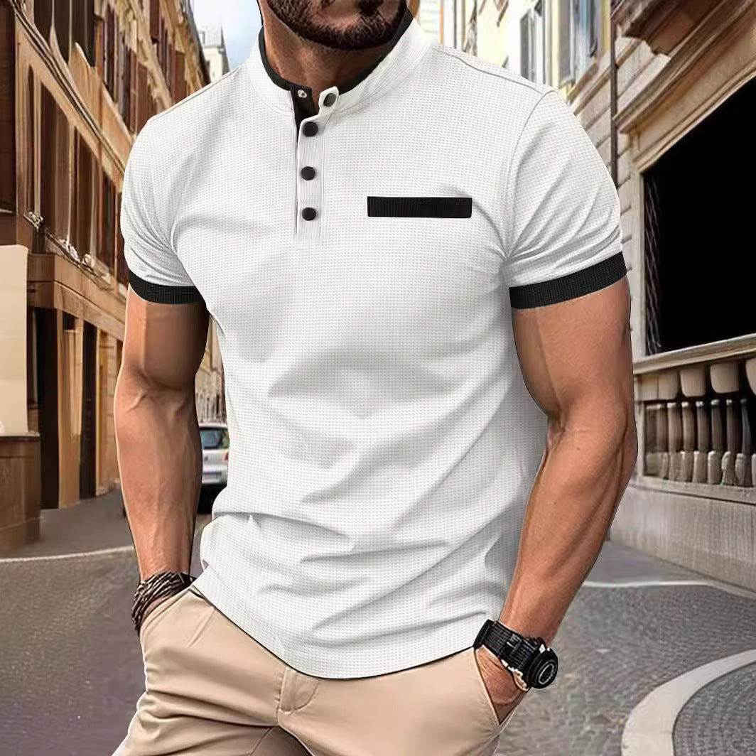 POLO Men's Checkered Stand Collar Polo Shirt