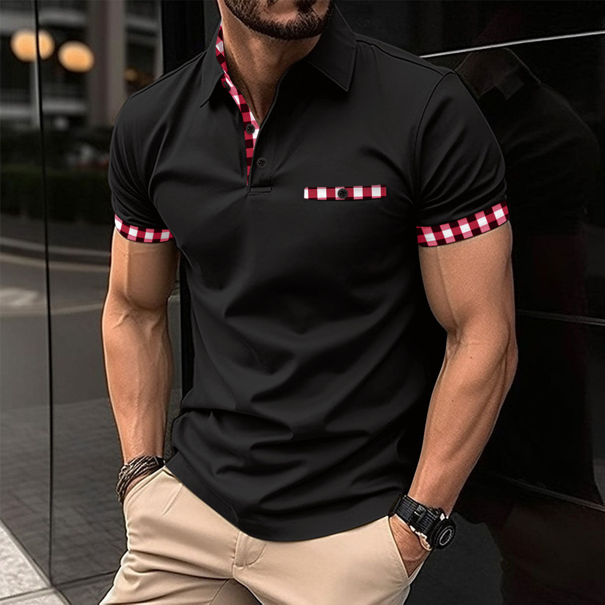 Checkered polo shirt pocket men's sports polo shirt